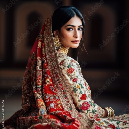  Attractive Indian bride photo in traditional red and golden wedding dress and elegant jewelry. Fictional Character Created by Generative AI.