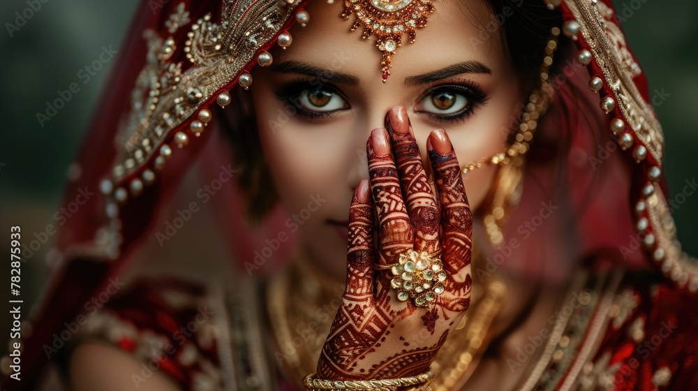  Wedding Photograph of a beautiful muslim bride wearing traditional veil and jewellery and doing greeting (adaab/salaam).  Fictional Character Created by Generative AI.