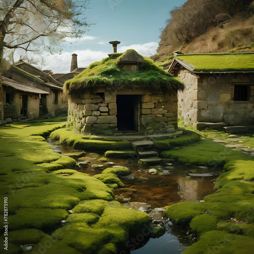 Rustic Stone Building with Moss-Covered Roof and Blue Sky photo