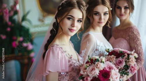  Bride and bridesmaid dressed in elegant wedding gowns and holding colorful rose bouquet. Fictional Character Created by Generative AI.