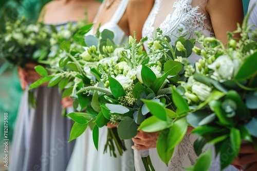 Bride with bridesmaid dressed in elegant wedding gowns and holding white rose bouquet with greenery. photo