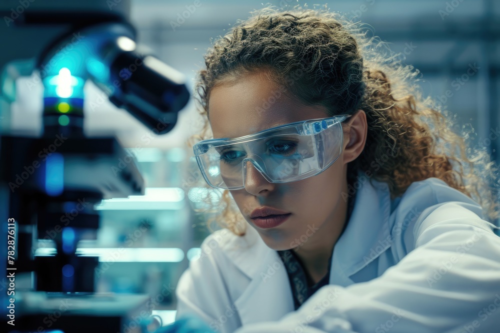 A Female Doctor or Scientist Examining Specimens Through a Microscope. Fictional Character Created by Generative AI. A Female Doctor or Scientist Examining Specimens Through a Microscope. Fictional Character Created by Generative AI.
