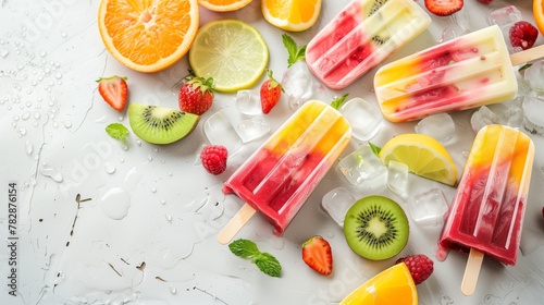 Colorful fruit ice pops amidst fresh slices of fruits and melting ice on a wet surface.