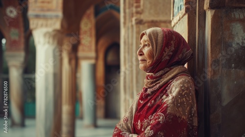 Ramadan Kareem Islamic Festival Greeting Card with Aged Arabian Woman wearing traditional dress (Hijab) standing in a large hall with many pillars Fictional Character Created by Generative AI. photo