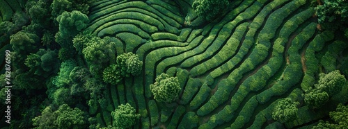 Aerial view of a tea plantation field, with a green color tone.