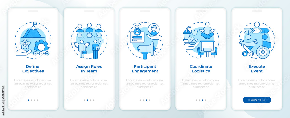 How to organize hackathon blue onboarding mobile app screen. Walkthrough 5 steps editable graphic instructions with linear concepts. UI, UX, GUI template. Myriad Pro-Bold, Regular fonts used How to organize hackathon blue onboarding mobile app screen. Walkthrough 5 steps editable graphic instructions with linear concepts. UI, UX, GUI template. Myriad Pro-Bold, Regular fonts used