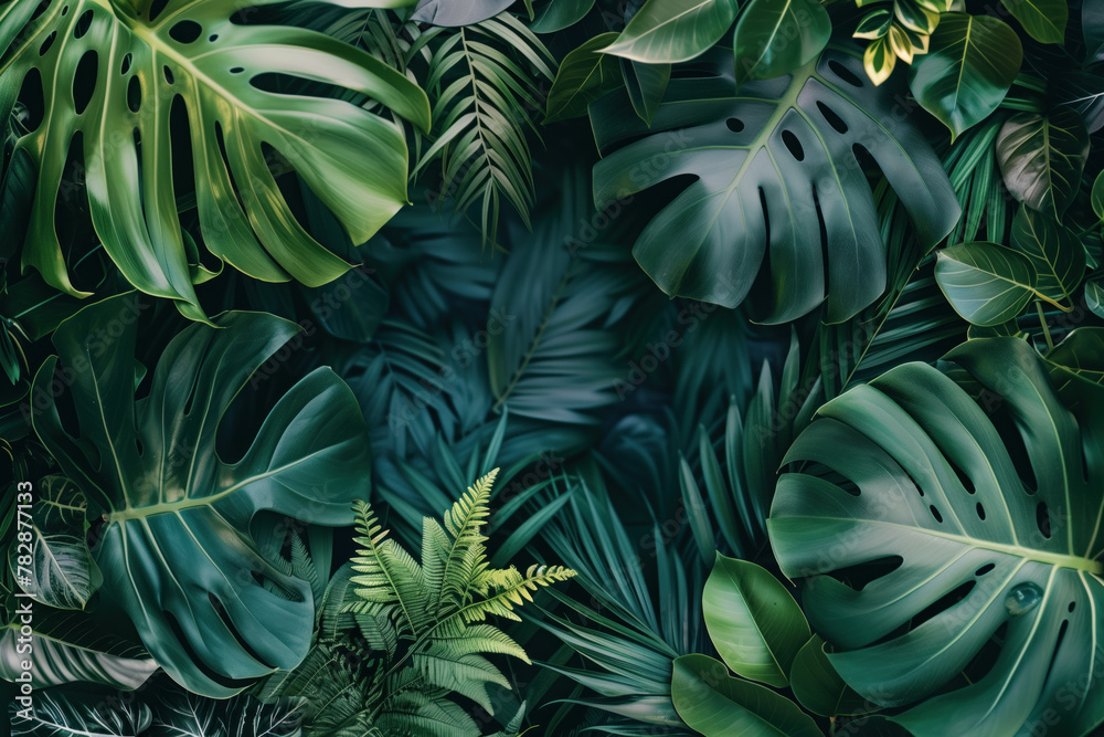 Background with tropical leaves. Created with Generative AI technology. Background with tropical leaves. Created with Generative AI technology.