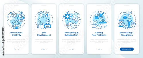 Hackathon benefits blue onboarding mobile app screen. Advantages walkthrough 5 steps editable graphic instructions with linear concepts. UI, UX, GUI template. Myriad Pro-Bold, Regular fonts used