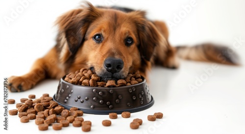 Adorable dog lies with chin on a bowl of dry dog food on a white background. A dog bored with food concept. photo