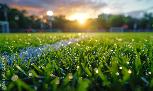 Sunset Splendor on Damp Soccer Field - Dewy Grass Blades with Stadium Lights photo