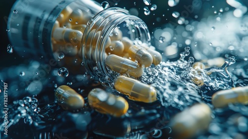 Probiotic supplement pills spilling from a bottle, captured in a dynamic, hyper-realistic shot that combines clarity with cinematic depth