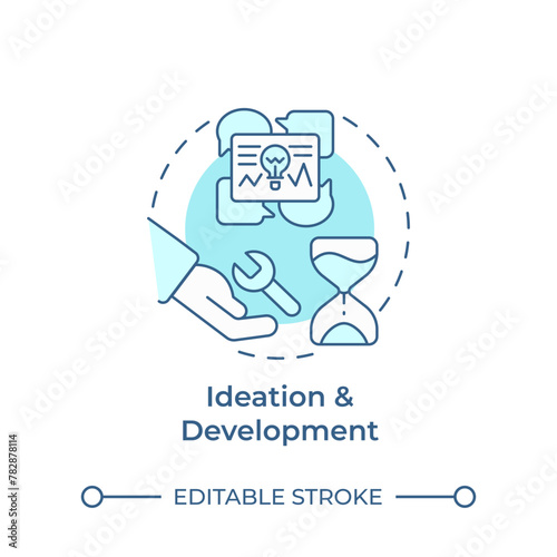 Ideation and development soft blue concept icon. Hackathon process. Brainstorming. Project design. Round shape line illustration. Abstract idea. Graphic design. Easy to use in promotional materials