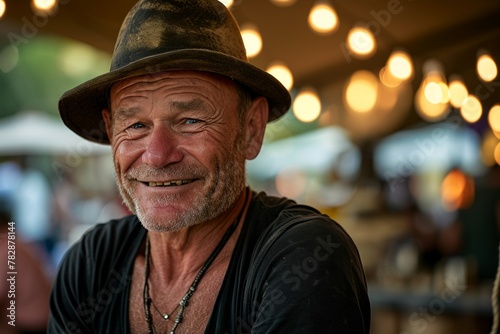 Portrait of an old man with a hat at a street market