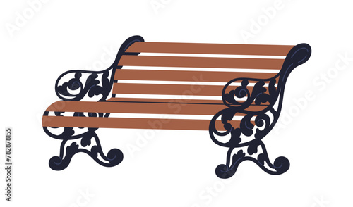 Retro wooden garden bench. Antique vintage Victorian style furniture with ornated cast iron armrests. Traditional outdoor wood seat design. Flat vector illustration isolated on white background