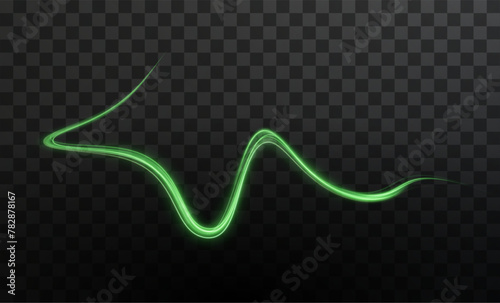 Light green lines png of speed. Light glowing effect. Abstract motion lines. Light trail wave png, fire path trace line, car lights, optic fiber and incandescence curve twirl 