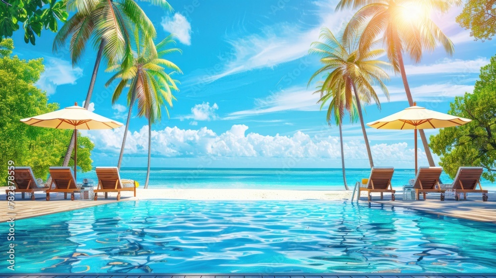 A pool with a beach setting and umbrellas.