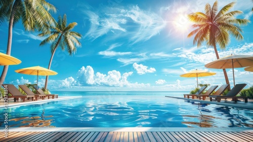 A pool with a beach setting and umbrellas. Scene is relaxing and peaceful