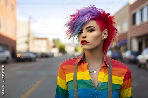 Modern woman with colorful hair and t-shirt with gay pride flag
