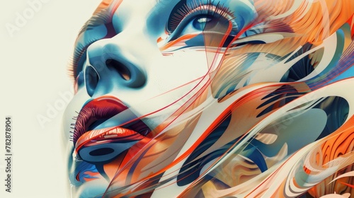 A woman's face with red lips and blue eyes. The face is surrounded by a colorful swirl of paint