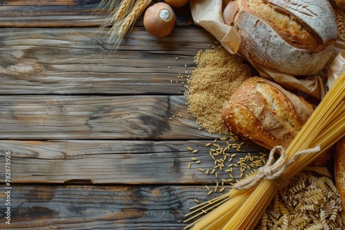 Bakery and grain products on a wooden background, a top view of bread loaves, spaghetti and pasta with grains for a balanced eating.