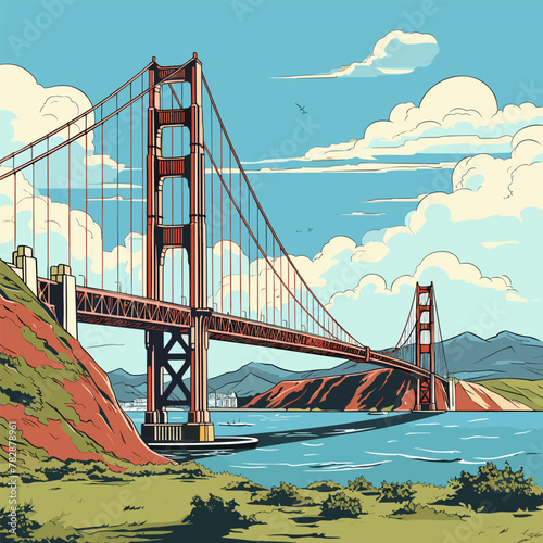 Golden Gate Bridge. Golden Gate Bridge hand-drawn comic illustration. Vector doodle style cartoon illustration