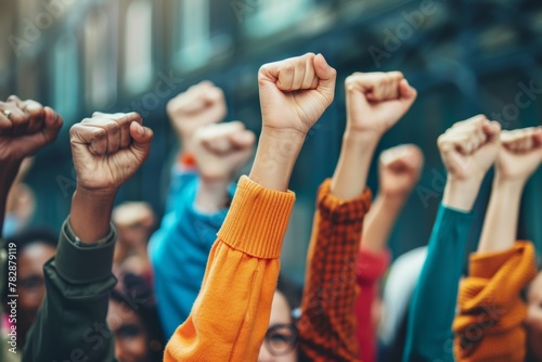 Multinational group raising fists in solidarity at a peaceful protest photo