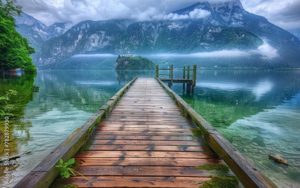Fototapeta premium Pier at a lake in Hallstatt, Austria