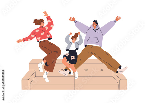 Happy family jumping. Excited joyful parents and kid celebrating together. Funny mom, dad and girl child having fun, rejoicing, exulting at home. Flat vector illustration isolated on white background