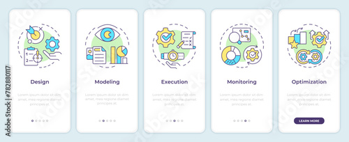 BPM lifecycle onboarding mobile app screen. Business modeling. Walkthrough 5 steps editable graphic instructions with linear concepts. UI, UX, GUI template. Montserrat SemiBold, Regular fonts used © bsd studio