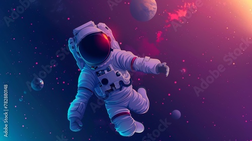 Vector art character, astronaut, popping out of a flat space design into 3D space,