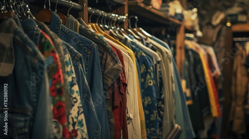 Secondhand clothes shopping, vintage store, racks of garments, clear space for text, warm indoor light