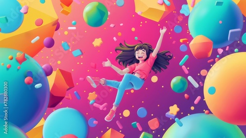 Vector art character, joy, popping out of a flat design into 3D space,