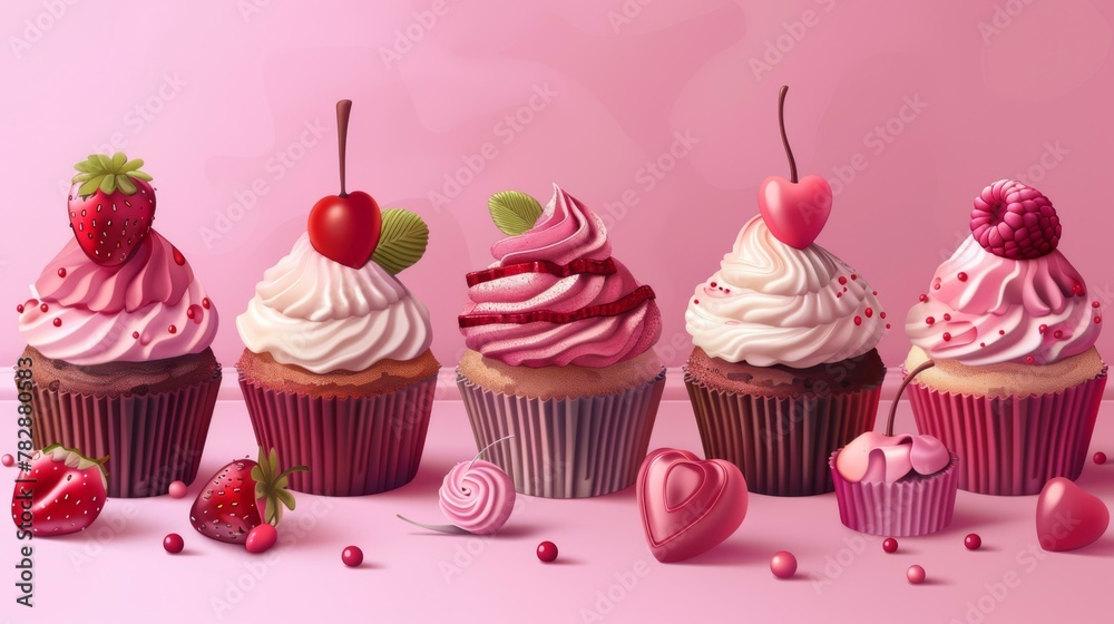 Vector art from illustrated cupcakes, flat design into 3D space, Vector art from illustrated cupcakes, flat design into 3D space,
