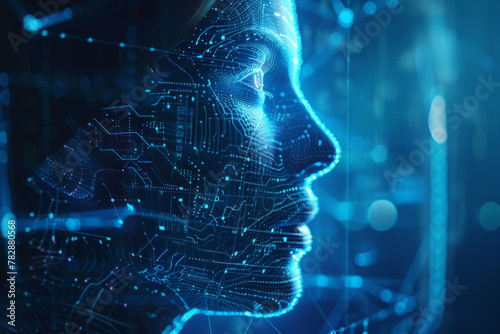 Holograph digital human figure face on a blue digital background photo