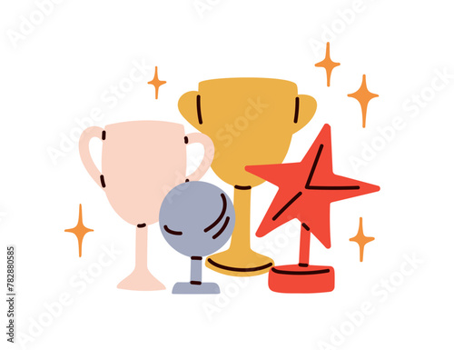 Trophy cup, winner award, achievement star composition. Success rewards, winning goblets for first places. Victory and leadership concept. Flat vector illustration isolated on white background