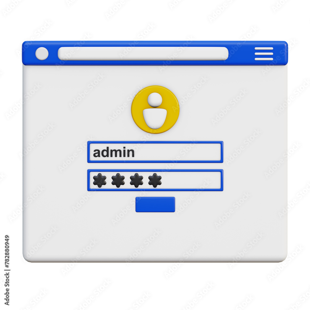 Account login page. Password to the user's personal account. 3D render illustration in cartoon style. Transparent background, isolation.