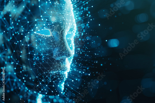 Holograph digital human figure face on a blue digital background