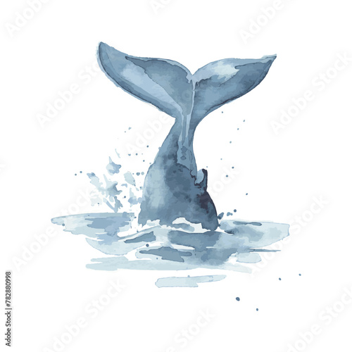 Hand drawn watercolor sketch, blue whale tail in the water, vector fish dives.