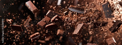 Chocolate pieces and bars exploding and flying around.