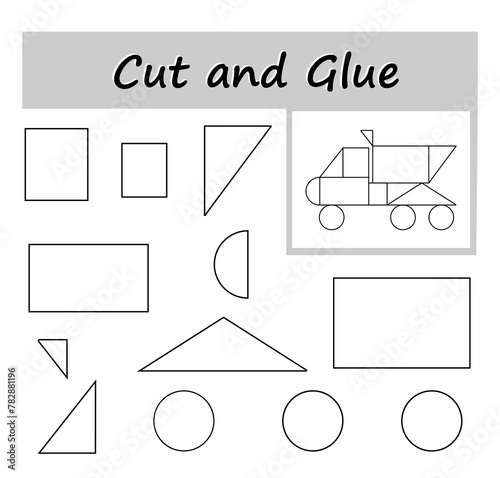 DIY worksheet. Color, cut parts of the image and glue on the paper. Illustration of cartoon dump truck.