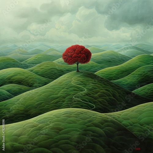 A surreal landscape with rolling green hills and a solitary red tree standing tall. photo