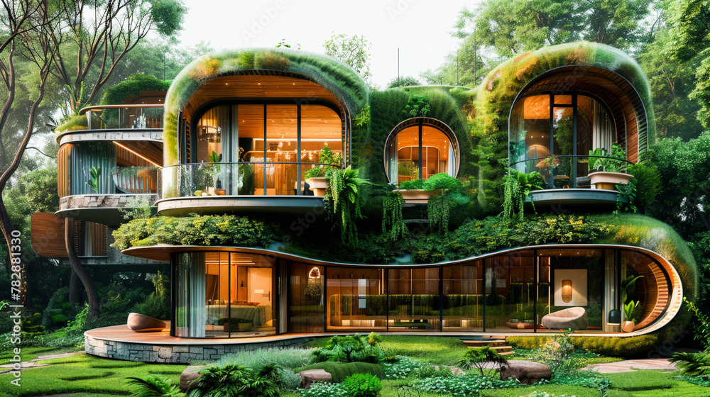 Modern architectural design featuring a multi-story building with abundant greenery, curved structures, glass facades, and a lush garden setting.