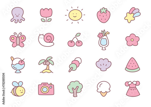 Kawaii summer icon set. Collection of cute hand drawn stickers isolated on a white background. Vector 10 EPS.
