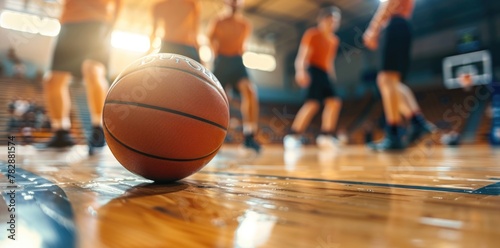 Close up of a basketball on a wooden floor in a gymnasium with sunlight.