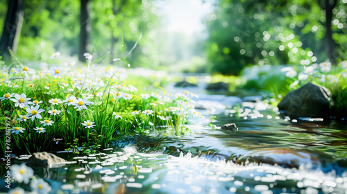 A tranquil forest stream surrounded by lush greenery and blooming white daisies under a sunlit canopy  evoking serenity in nature.