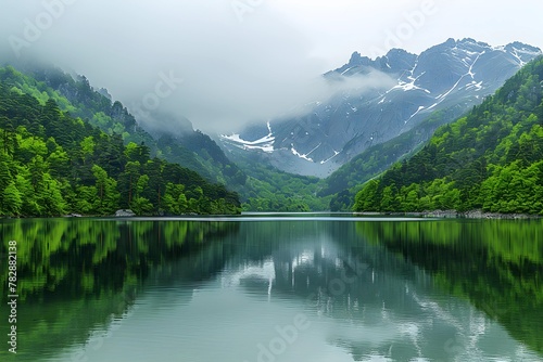 Tranquil mountain lake with misty peaks and lush green forests reflecting in calm waters. Pristine wilderness and serenity concept for design and print