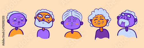 Bright icons depicting the faces of elderly people in yellow and purple tones on a yellowish background. Five abstract images of portraits of happy old people 