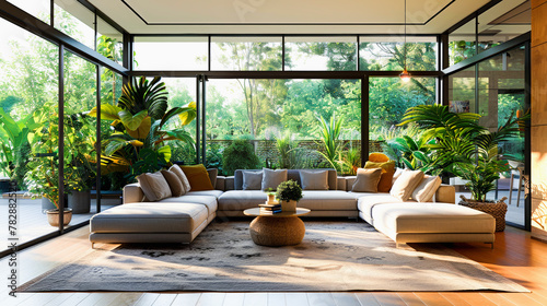 Modern living room with large windows  lush indoor plants  white sectional sofa  and surrounded by a serene forest view.