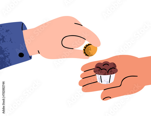 Trade concept. Baker selling bakery, cupcake for cash. Customer buying sweet muffin, food, paying, spending money on dessert. Small business. Flat vector illustration isolated on white background