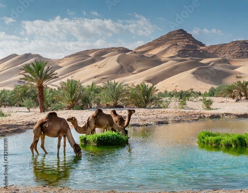 Kamele trinken an einer Oase in der Wüste photo